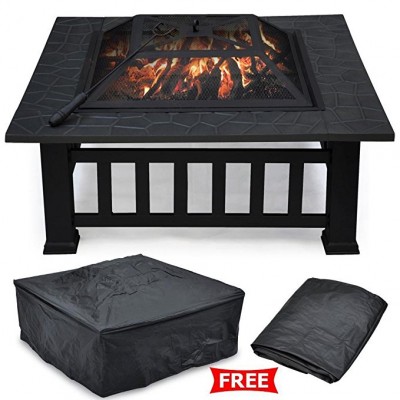 32 Inch Square Metal Garden Backyard Fire Pit with Cover